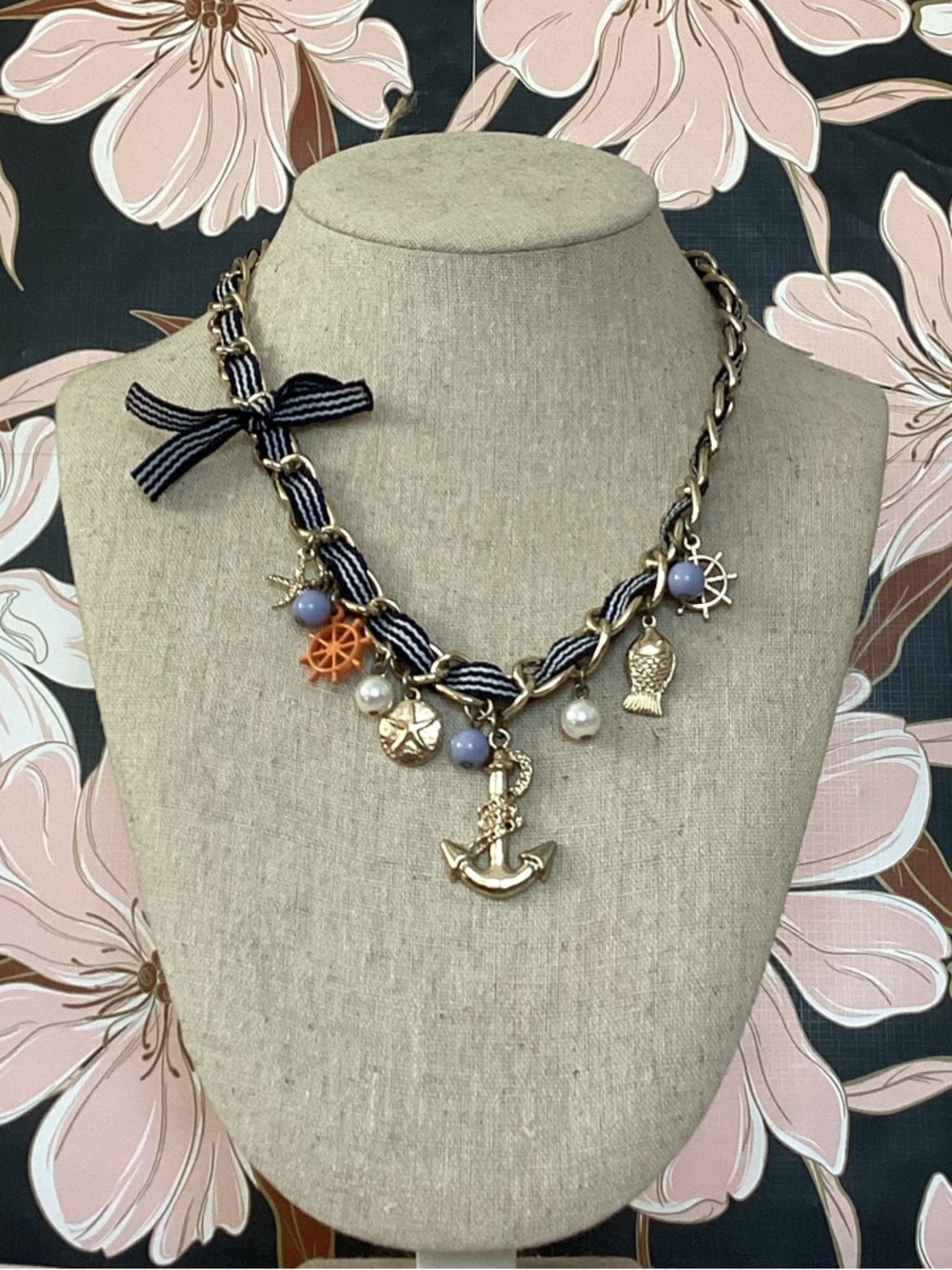 Nautical Charm Necklace with Navy Ribbon & Gold Anchors